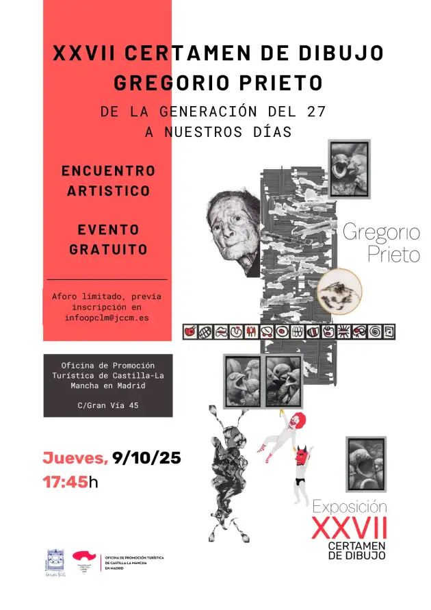 Cartel gráfico que promociona el XXVII Certamen de Dibujo Gregorio Prieto, en Madrid. El diseño utiliza fondo blanco y una franja vertical roja. Incluye textos destacados en tipografía negra y roja, con frases como “Encuentro artístico. Evento gratuito”, “Jueves 9/10/25 17:45h” y la dirección “C/Gran Vía 45”. El centro del cartel muestra una composición de dibujos y collages con retratos, bocas abiertas, símbolos gráficos y personajes en blanco y negro. Elementos artísticos se combinan con ilustraciones de animales y acróbatas. El logotipo y la firma institucional se encuentran en la parte inferior. El ambiente es moderno y artístico, con intención de informar y captar la atención visual.