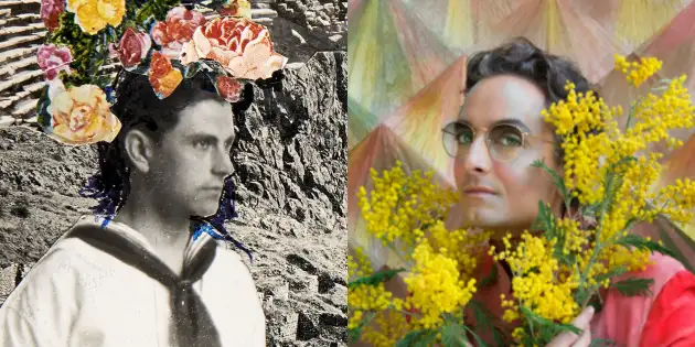 Banner compuesto por dos retratos artísticos. A la izquierda aparece Gregorio Prieto con uniforme de marinero en blanco y negro, cuyo rostro está cubierto por un gran collage de flores multicolores que forman una corona o tocado. El fondo incluye una textura rocosa y elementos arquitectónicos en escala de grises. A la derecha, el retrato del estilista y comunicador Josie realizado por Ouka Lelee sostiene un ramo de flores amarillas, vestido con una prenda de color rosa o rojo. El fondo está formado por líneas geométricas en tonos pastel. Ambos retratos centran la atención en el contraste entre elementos naturales (flores abundantes) y la figura humana, integrando técnicas mixtas de fotografía y collage, sin detalles adicionales de contexto o ambiente, y con los rostros parcialmente cubiertos, lo que enfatiza el carácter artístico y contemporáneo del banner.