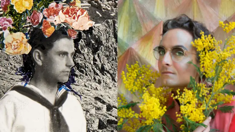 Banner compuesto por dos retratos artísticos. A la izquierda aparece Gregorio Prieto con uniforme de marinero en blanco y negro, cuyo rostro está cubierto por un gran collage de flores multicolores que forman una corona o tocado. El fondo incluye una textura rocosa y elementos arquitectónicos en escala de grises. A la derecha, el retrato del estilista y comunicador Josie realizado por Ouka Lelee sostiene un ramo de flores amarillas, vestido con una prenda de color rosa o rojo. El fondo está formado por líneas geométricas en tonos pastel. Ambos retratos centran la atención en el contraste entre elementos naturales (flores abundantes) y la figura humana, integrando técnicas mixtas de fotografía y collage, sin detalles adicionales de contexto o ambiente, y con los rostros parcialmente cubiertos, lo que enfatiza el carácter artístico y contemporáneo del banner.