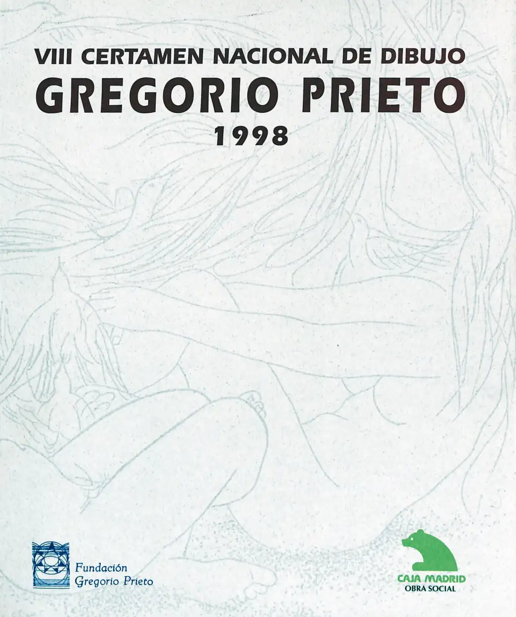 VIII Certamen Nacional de Dibujo Gregorio Prieto 1998. La portada presenta un fondo gris claro con un dibujo de líneas finas en gris claro. La ilustración muestra dos figuras femeninas desnudas en posición recostada. Sus cabellos y extremidades se entrelazan en una composición de líneas curvas y suaves. Sobre las figuras vuelan varias aves que interactúan con los elementos capilares, como si se fundieran con ellos. En la parte superior se lee el texto: “VIII CERTAMEN NACIONAL DE DIBUJO GREGORIO PRIETO 1998”, con el nombre destacado en negro. En la zona inferior se encuentran los logotipos de la Fundación Gregorio Prieto, en azul, y de Caja Madrid Obra Social, en verde.