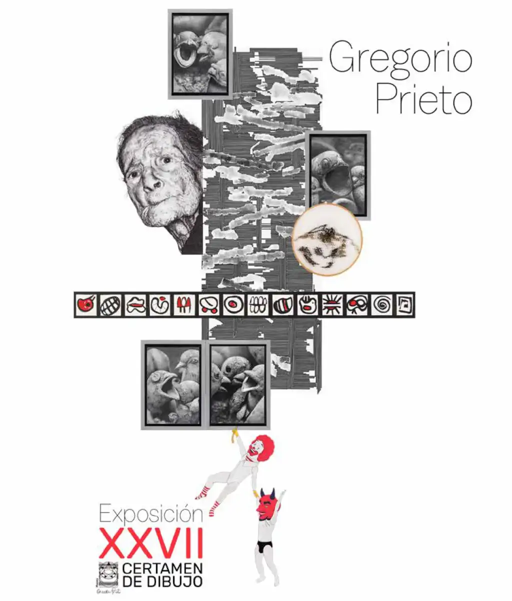 Portada catálogo XXVII Certamen de Dibujo Gregorio Prieto. Composición gráfica vertical sobre fondo blanco. La parte superior contiene el nombre “Gregorio Prieto” en grande y tipografía fina. En el centro, varias imágenes enmarcadas en blanco y negro muestran bocas abiertas de aves y criaturas en distintas posiciones, algunas en grupo y otras de perfil. Entre los marcos, aparece el fragmento de un retrato masculino e ilustraciones geométricas en gris. Una franja horizontal, con pictogramas rojos y negros de bocas, ojos, lenguas y dientes, recorre la composición. En la parte inferior, destaca la inscripción “Exposición XXVII Certamen de Dibujo” con la palabra “XXVII” en rojo. Dos figuras caricaturescas en blanco, una con peluca roja de payaso y otra con máscara roja de diablo, parecen interactuar en la escena. La portada combina ilustración, fotografía y elementos gráficos contemporáneos, con un diseño atractivo y dinámico, pero sin contexto espacial ni paisaje.