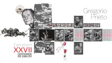 Banner de la Exposición XXVII Certamen de Dibujo Gregorio Prieto. Composición digital con ilustraciones y dibujos en blanco y negro de caras y figuras humanas entrelazadas, y numerosos cuadros pequeños de bocas abiertas de aves y criaturas fantásticas. Sobre fondo blanco, aparecen también signos gráficos coloridos y dos figuras acrobáticas, una de ellas vestida de rojo y blanco, que añade dinamismo a la imagen. El texto incluye "Exposición XXVII Certamen de dibujo" en letras grandes rojas y negras y "Gregorio Prieto" en tipografía elegante en la parte superior derecha.