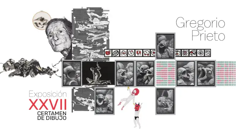 Banner de la Exposición XXVII Certamen de Dibujo Gregorio Prieto. Composición digital con ilustraciones y dibujos en blanco y negro de caras y figuras humanas entrelazadas, y numerosos cuadros pequeños de bocas abiertas de aves y criaturas fantásticas. Sobre fondo blanco, aparecen también signos gráficos coloridos y dos figuras acrobáticas, una de ellas vestida de rojo y blanco, que añade dinamismo a la imagen. El texto incluye "Exposición XXVII Certamen de dibujo" en letras grandes rojas y negras y "Gregorio Prieto" en tipografía elegante en la parte superior derecha.