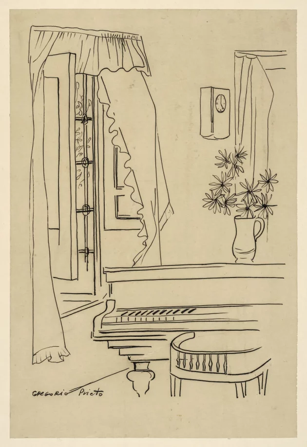 Dibujo a tinta sobre papel de 51,8 x 35 centímetros titulado Piano de la casa de García Lorca, Fuente Vaqueros, realizado hacia 1950 por Gregorio Prieto. El dibujo representa una habitación vacía, tranquila y luminosa, delineada con un trazo continuo, fino y seguro. Aunque realizado solo con tinta negra, el papel tiene un tono cálido, entre beige y sepia, que aporta al conjunto una atmósfera suave y acogedora. A la izquierda, una ventana abierta deja ver una reja de forja entre cuyas líneas asoman ramas del jardín. Las cortinas, recogidas a los lados detras de las contraventanas, se curvan como si una brisa las agitara, dando vida al espacio. En el centro, un piano de cola visto de frente ocupa el primer plano. Se distinguen las teclas, una pata torneada y un taburete curvo con respaldo colocado frente al instrumento. Encima, una jarra con asa sostiene un ramo de flores de pétalos largos, detrás otra ventana con cortina algo menos esbozada que la anterior. Junto a ella, un pequeño reloj de pared marca las cinco en punto. Todo está trazado con economía de medios, sin sombras ni volumen, solo sugerido por la pureza de la línea. La escena transmite calma, equilibrio y contemplación. Un lugar silencioso, abierto al pensamiento, donde la música, la luz y la naturaleza se entrelazan en perfecta armonía.