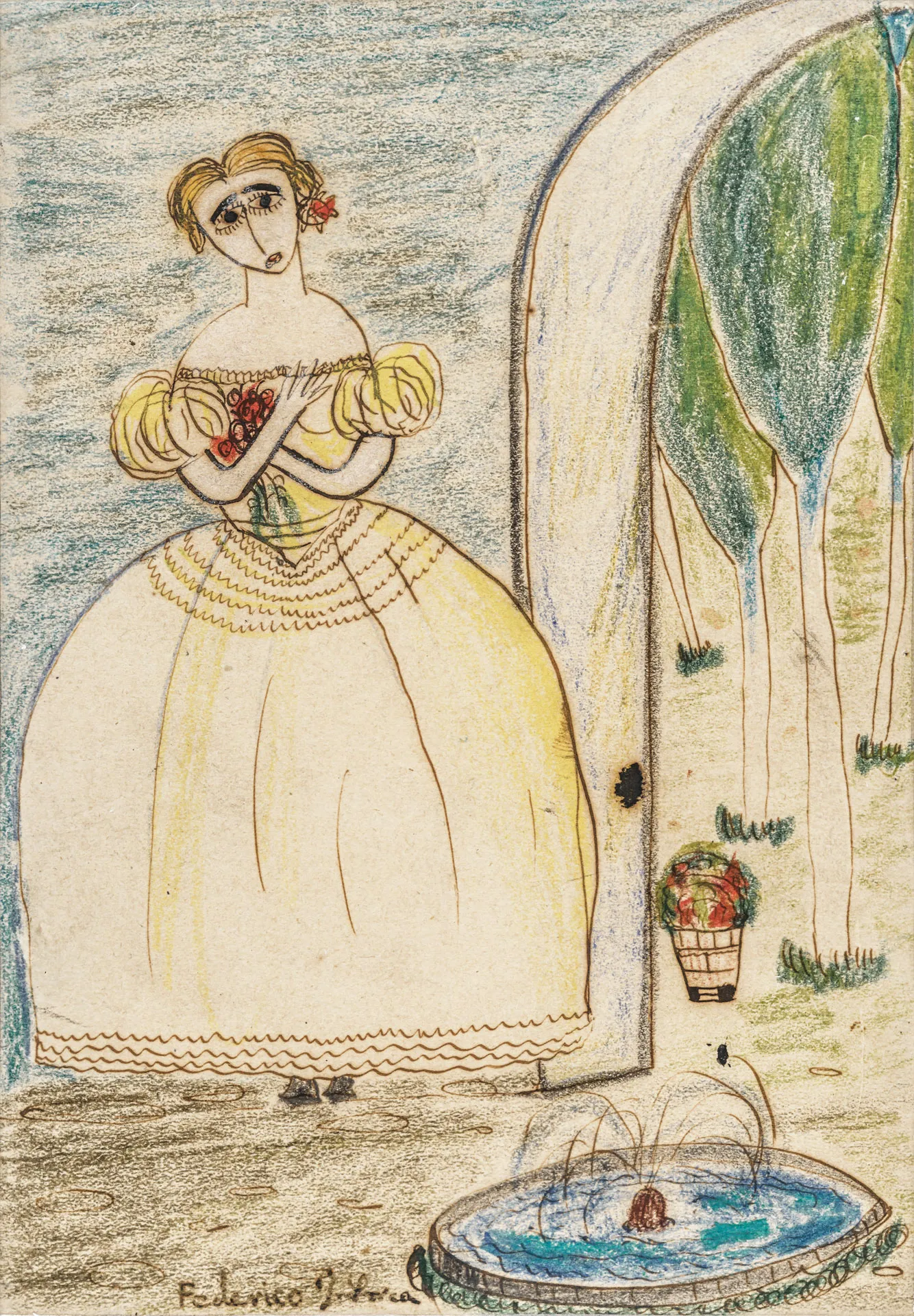 Dibujo de Federico García Lorca titulado Marianita Pineda, regalo para Gregorio Prieto. Lápiz de color sobre papel. Museo Gregorio Prieto, Valdepeñas.