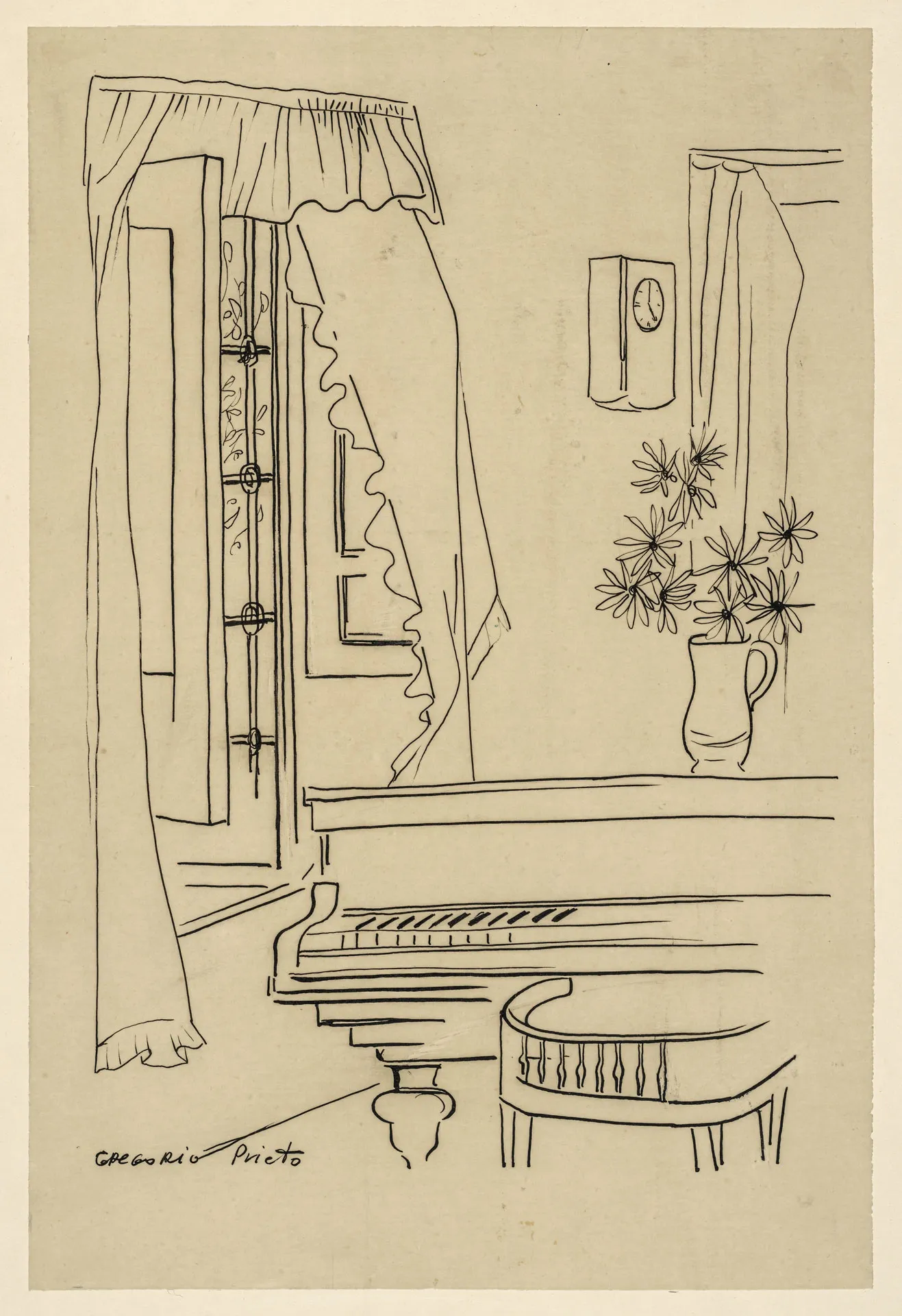 Dibujo de Gregorio Prieto titulado Piano de la casa de García Lorca en Fuente Vaqueros, hacia 1950. Tinta sobre papel, 51,8 x 35 cm. Se aprecia un piano, una ventana con cortinas, flores en un jarrón y un reloj de pared que marca las cinco en punto de la tarde. Museo Gregorio Prieto, Valdepeñas.