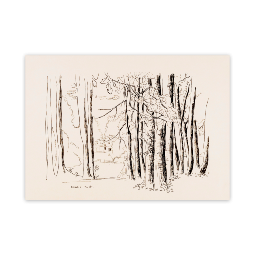 Dos figuras en jardín inglés (dibujo del cuaderno “An English Garden”) Autor: Gregorio Prieto Dibujo en blanco y negro realizado a línea por Gregorio Prieto en el que se representa un jardín o bosque inglés visto en profundidad. En primer plano ocupa casi todo el ancho de la imagen una hilera de troncos de árboles altos, delgados y sin apenas follaje, dibujados con trazos verticales muy marcados. Entre los árboles, en la parte inferior central, se distinguen dos figuras femeninas de pie, apenas esbozadas, una junto a la otra, con vestidos largos claros que caen hasta el suelo. Tras ellas, en un segundo plano, se ve una casa de dos plantas con varias ventanas rectangulares, parcialmente oculta por la vegetación. El resto del paisaje se completa con ramas y hojas dibujadas con líneas finas, que sugieren copa de los árboles y arbustos del jardín. El estilo es muy sintético y lineal, sin sombras ni color, centrado en el ritmo de los troncos verticales y en la inserción de las dos figuras humanas en el entorno arbolado.