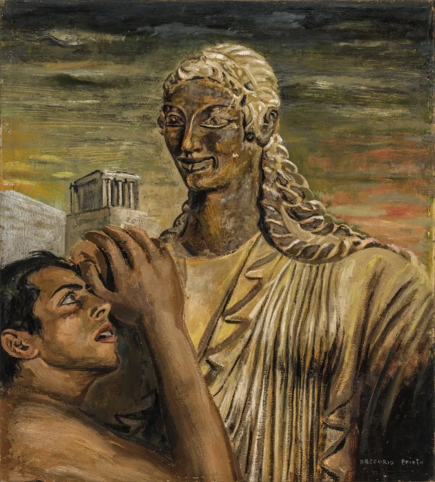 Petición. Homenaje a Apolo da Veio, óleo de Gregorio Prieto. Figura desnuda de piel oscura eleva el brazo hacia una gran escultura dorada de Apolo con cabellera ondulada, ambos entre ruinas clásicas bajo cielo dorado y azul, evocando la antigüedad y el mito.