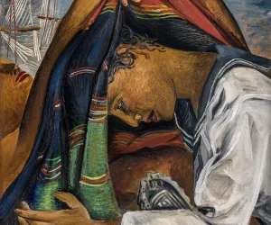 Figura vestida con traje de marinero se cubre con una tela rayada y se inclina sobre otra figura tumbada boca arriba que lleva entre las piernas un objeto que es un pez plateado; al fondo, barcos de vela bajo cielo estrellado.