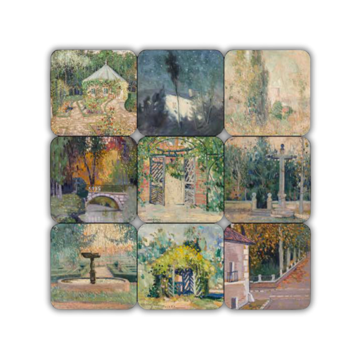 Título: Pack de imanes “Paisajes impresionistas de Gregorio Prieto” — frontal con las nueve reproducciones Imagen en vista frontal que muestra nueve imanes cuadrados dispuestos en una cuadrícula de tres filas por tres columnas. Cada imán reproduce un fragmento de una pintura impresionista de Gregorio Prieto correspondiente a sus años de formación (1917–1921). Los imanes tienen esquinas redondeadas y están sobre un fondo negro neutro.