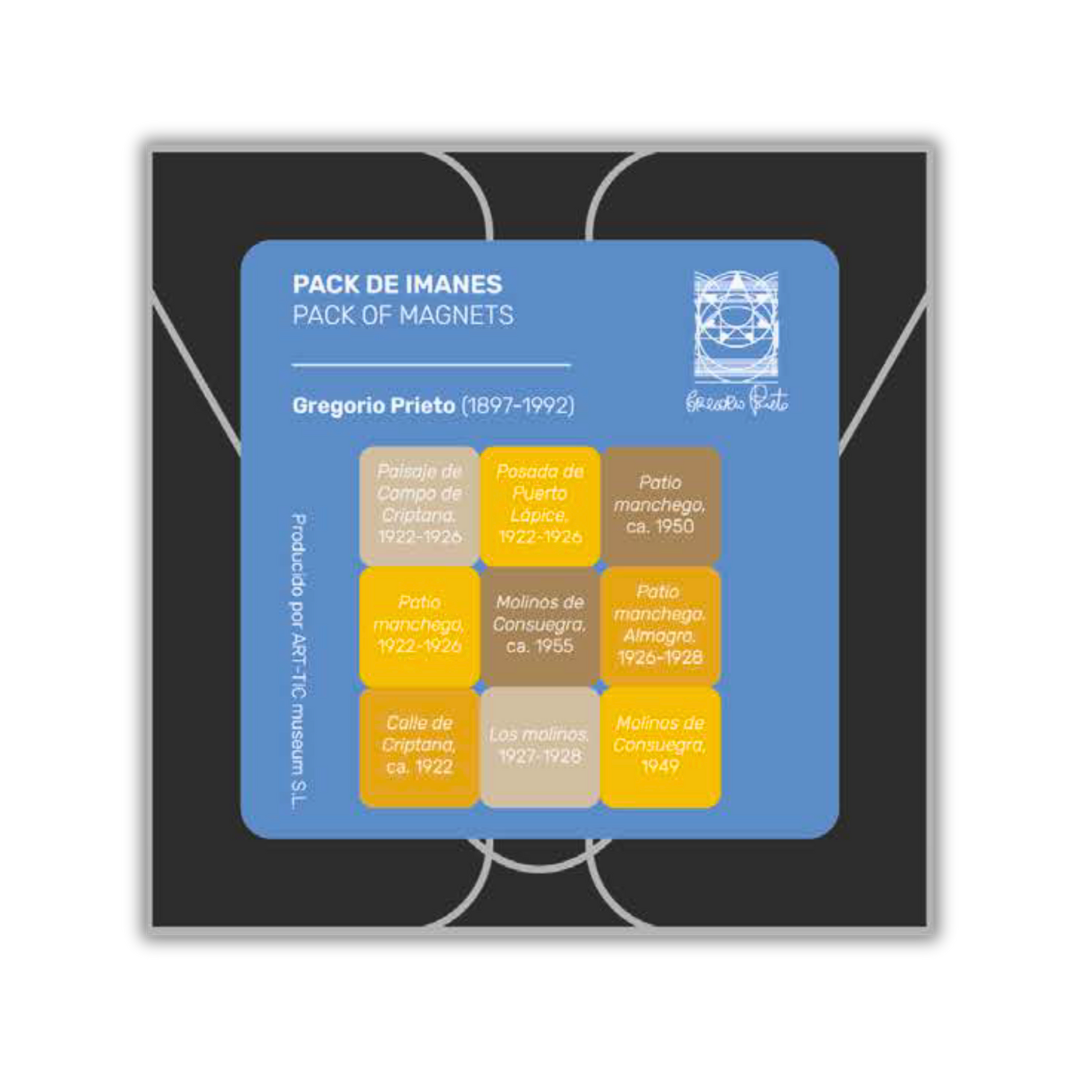 Imagen del reverso del embalaje del pack de imanes. La superficie es un cartón de diseño en tonos grises y azules. En la parte superior aparece el texto “PACK DE IMANES / PACK OF MAGNETS” y el nombre del artista “Gregorio Prieto (1897–1992)”. A la derecha se incluye el logotipo de la Fundación Gregorio Prieto. En el centro se muestra una cuadrícula de nueve recuadros de colores (amarillo, gris, beige y ocre), cada uno indicando el título y la fecha aproximada de la obra reproducida en cada imán. En el lateral izquierdo aparece el texto vertical “Producido por ART-TIC museum S.L.”. La imagen sirve para mostrar la información identificativa y descriptiva del producto.